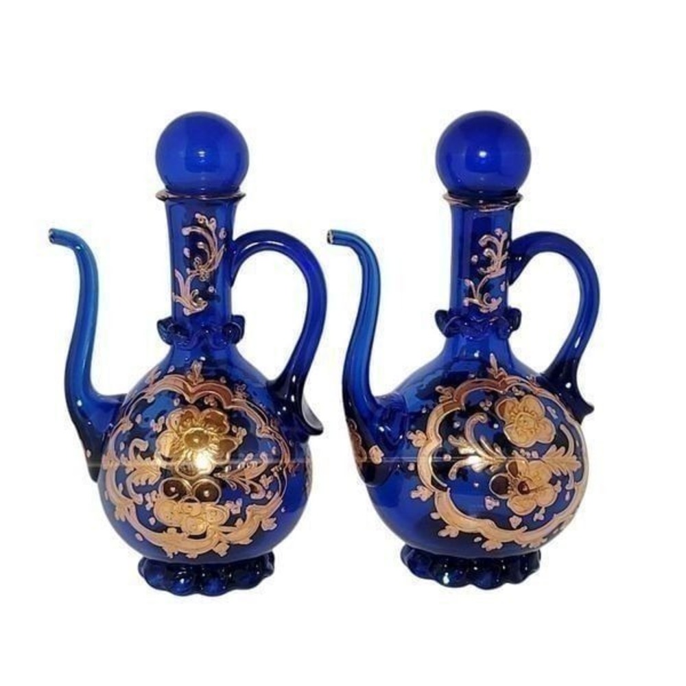 Vintage Hand Blown‎ Cobalt Blue Oil And Vinegar Bottles With Gold Overlay 7.25"